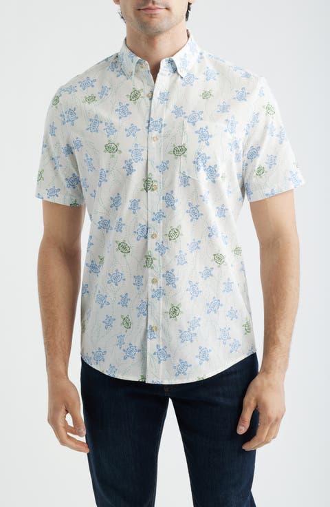Honu Holoholo Turtle Print Short Sleeve Cotton Blend Button-Down Shirt
