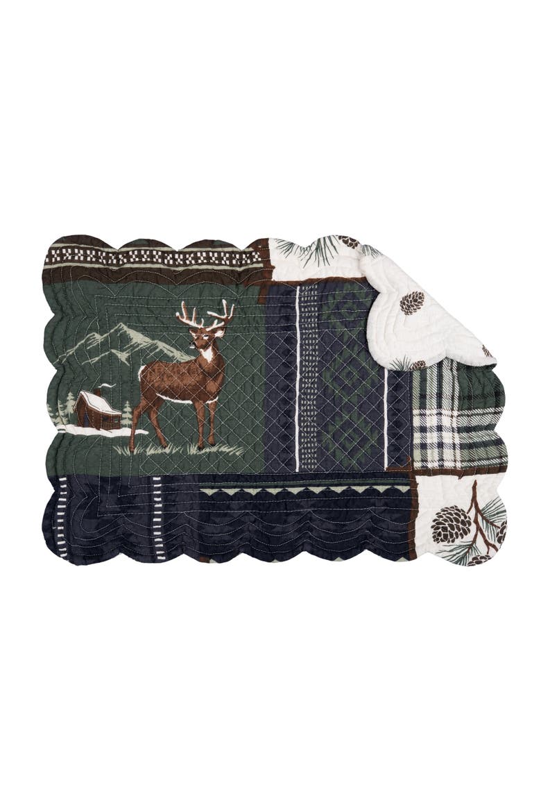 Greenstone Pines Scalloped Placemats Set of 6 Black Bear Moose, 13" x 19", Alternate, color, Green