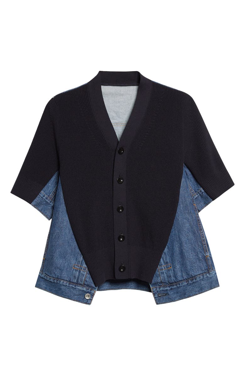 Sacai Mixed Media Knit & Denim Cardigan, Main, color, Navy/ Blue
