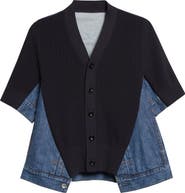 Sacai Mixed Media Knit & Denim Cardigan