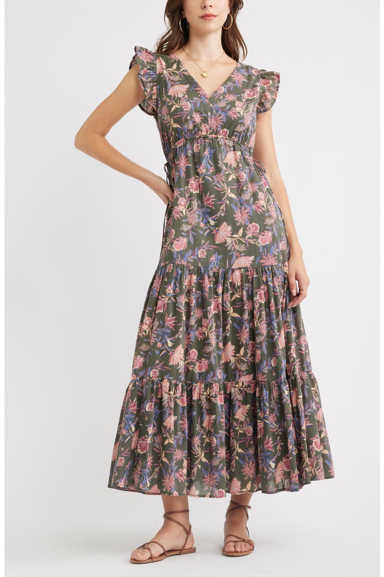 Floral Print Cotton Midi Dress, Main, color, OLIVE FROU FLORAL