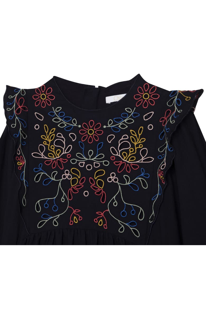 Chloé Kids' Embroidered Long Sleeve Cotton Twill Dress, Alternate, color,