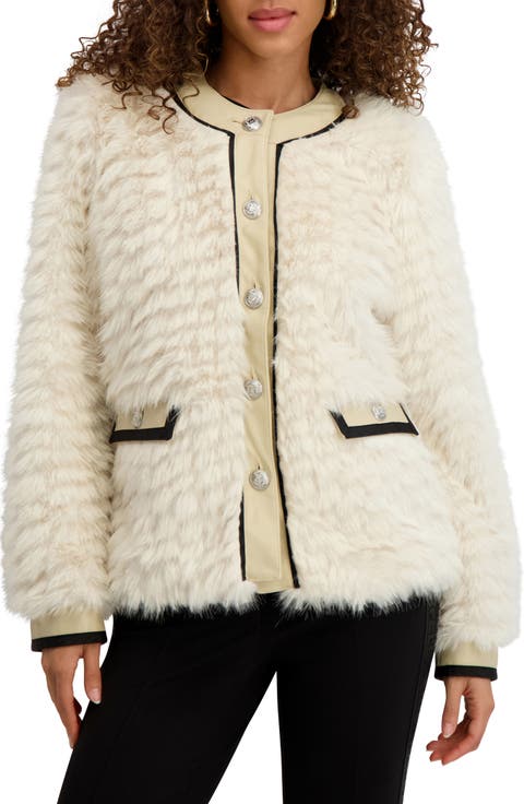 Collarless Faux Fur Jacket