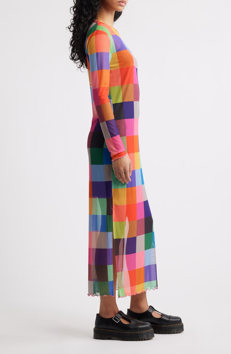 Dressed in Lala Mad About You Long Sleeve Mesh Midi Dress, Alternate, color, Multicolor Check
