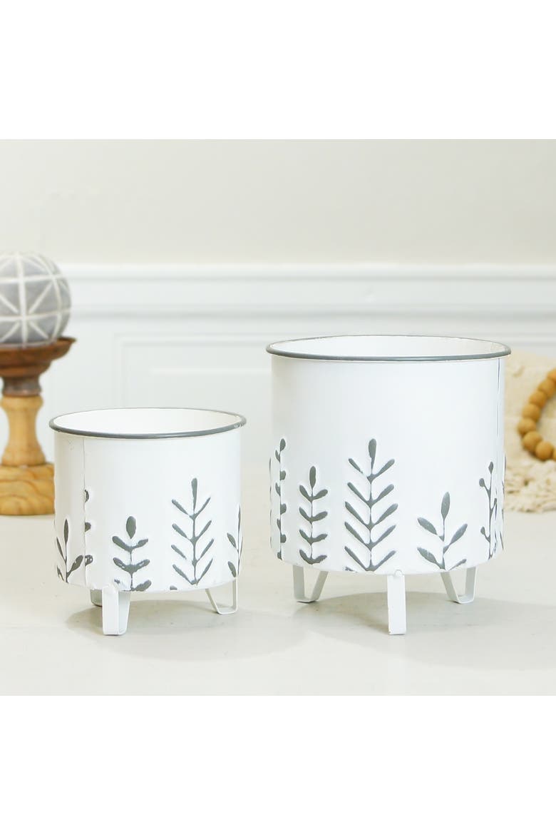 Metal White Embossed Floral Planter on Stand Set of 2, 7.5 Inch Decorative Indoor Planters, Alternate, color, White