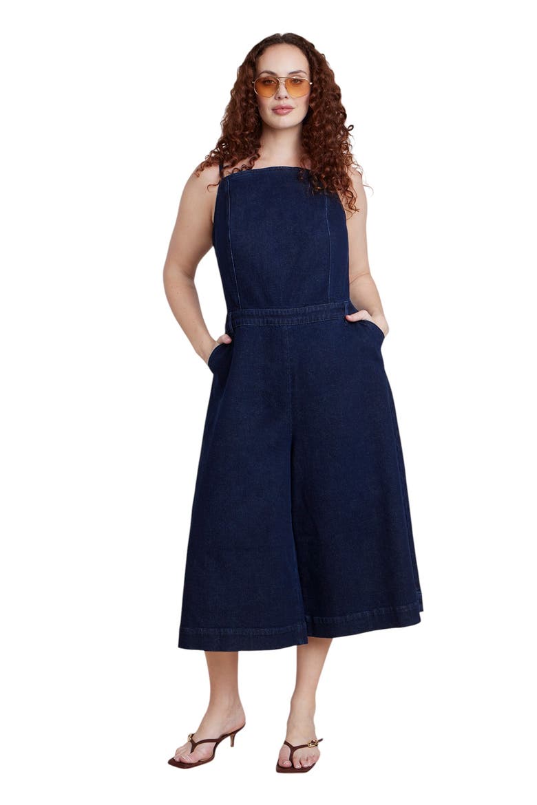 Stretch Denim Culotte Jumpsuit, Main, color, DARK WASH