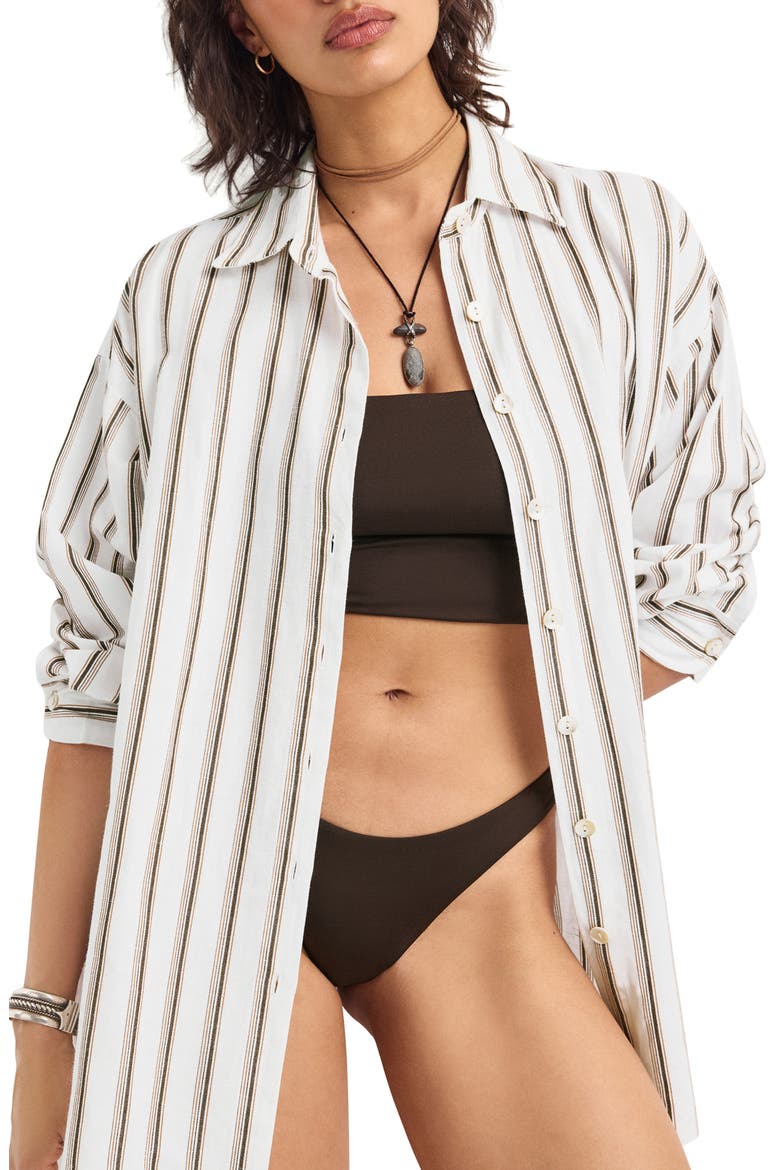 Playa Stripe Oversize Organic Cotton & Linen Cover-Up Shirt, Alternate, color, EARTH STRIPE