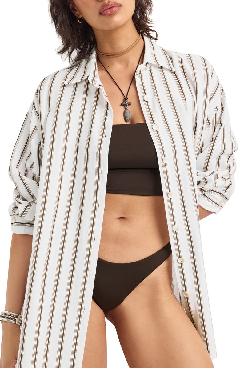 Vitamin A<sup>®</sup> Playa Stripe Oversize Organic Cotton & Linen Cover-Up Shirt, Alternate, color, Earth Stripe