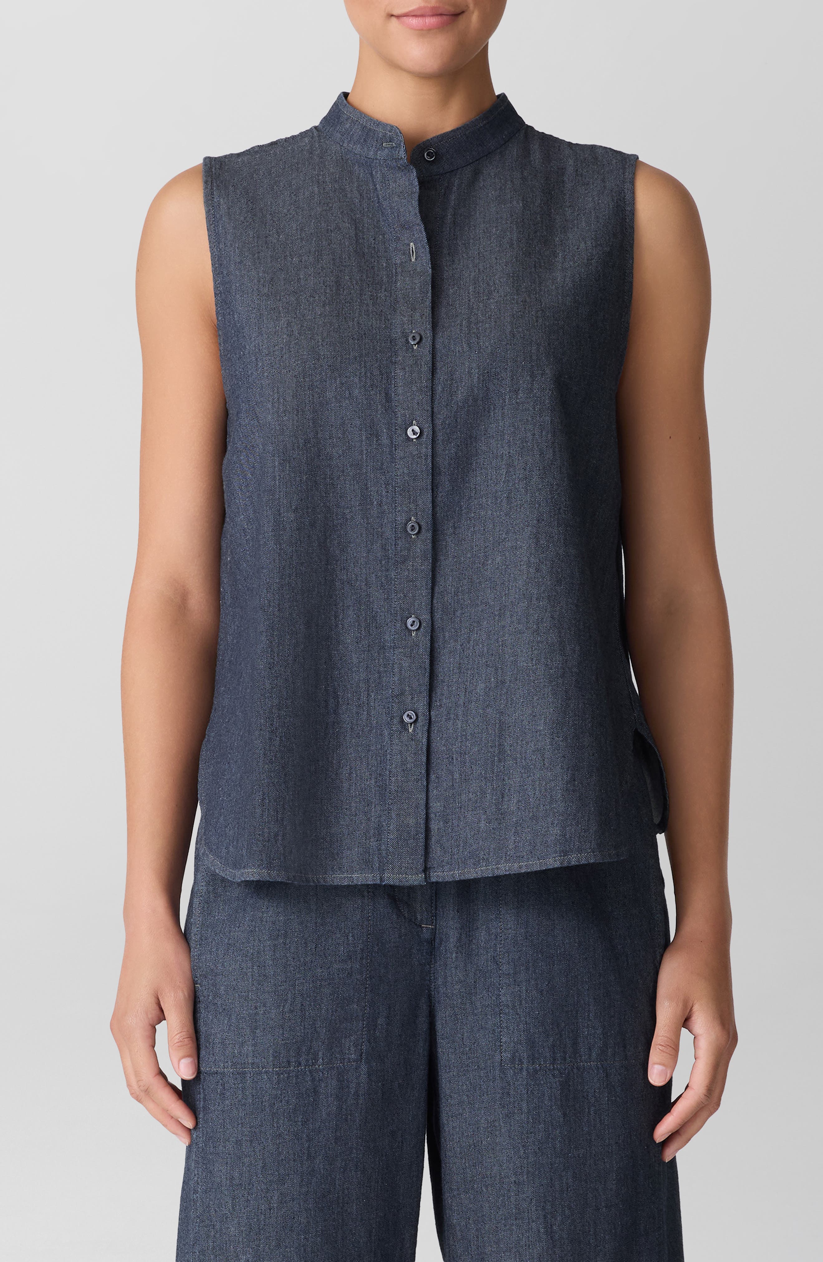 Eileen Fisher Sleeveless Band Collar Chambray Button-Up Shirt