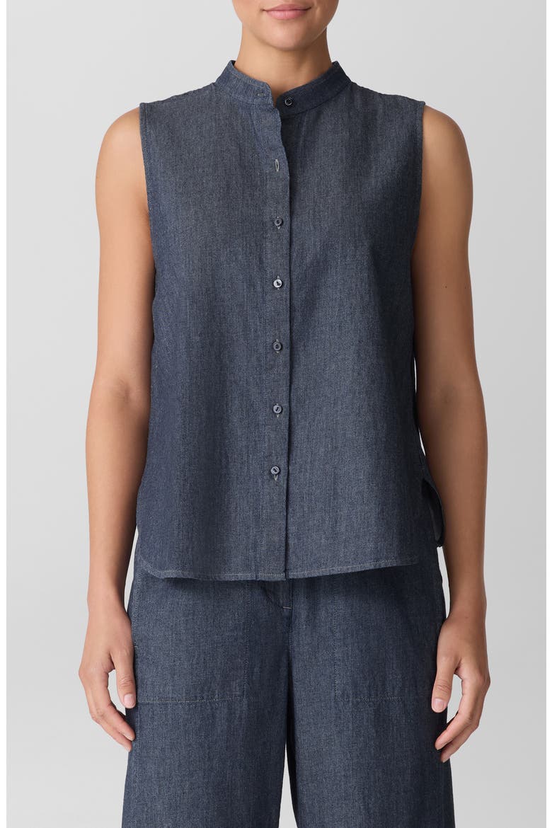 Sleeveless Band Collar Chambray Button-Up Shirt, Main, color, DENIM