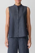 Eileen Fisher Sleeveless Band Collar Chambray Button-Up Shirt
