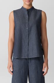 Eileen Fisher Sleeveless Band Collar Chambray Button-Up Shirt