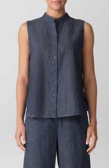 Sleeveless Band Collar Chambray Button-Up Shirt