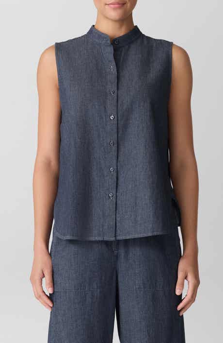 Eileen Fisher Sleeveless Band Collar Chambray Button-Up Shirt