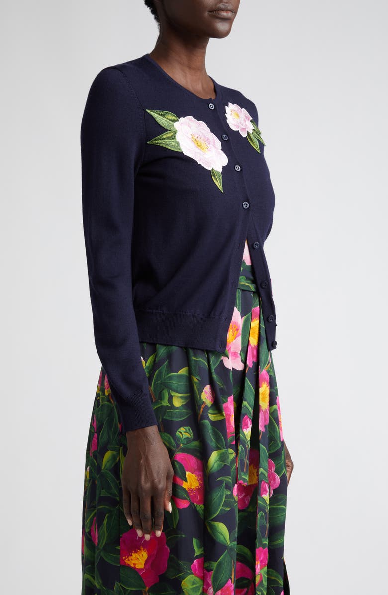 Oscar de la Renta Camellia Embroidered Virgin Wool Cardigan, Alternate, color, 