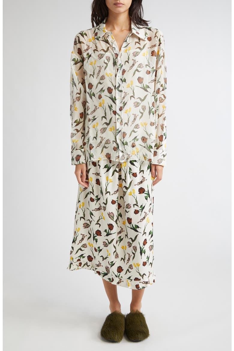 Tulips & Hares Ruffle Hem Crepe Back Satin Midi Skirt, Alternate, color, LIMESTONE