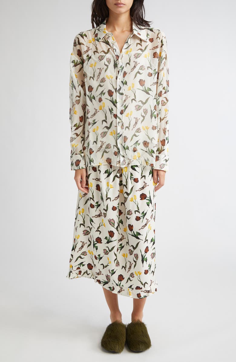 Marni Tulips & Hares Sheer Chiffon Button-Up Shirt, Alternate, color, Thw04 Limestone