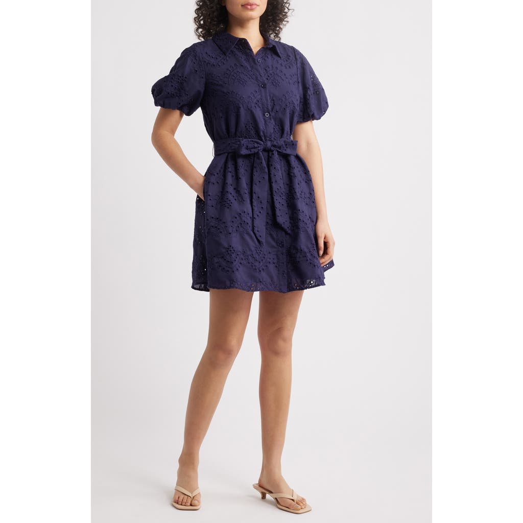 Sam Edelman Puff Sleeve Eyelet Shirtdress In Navy