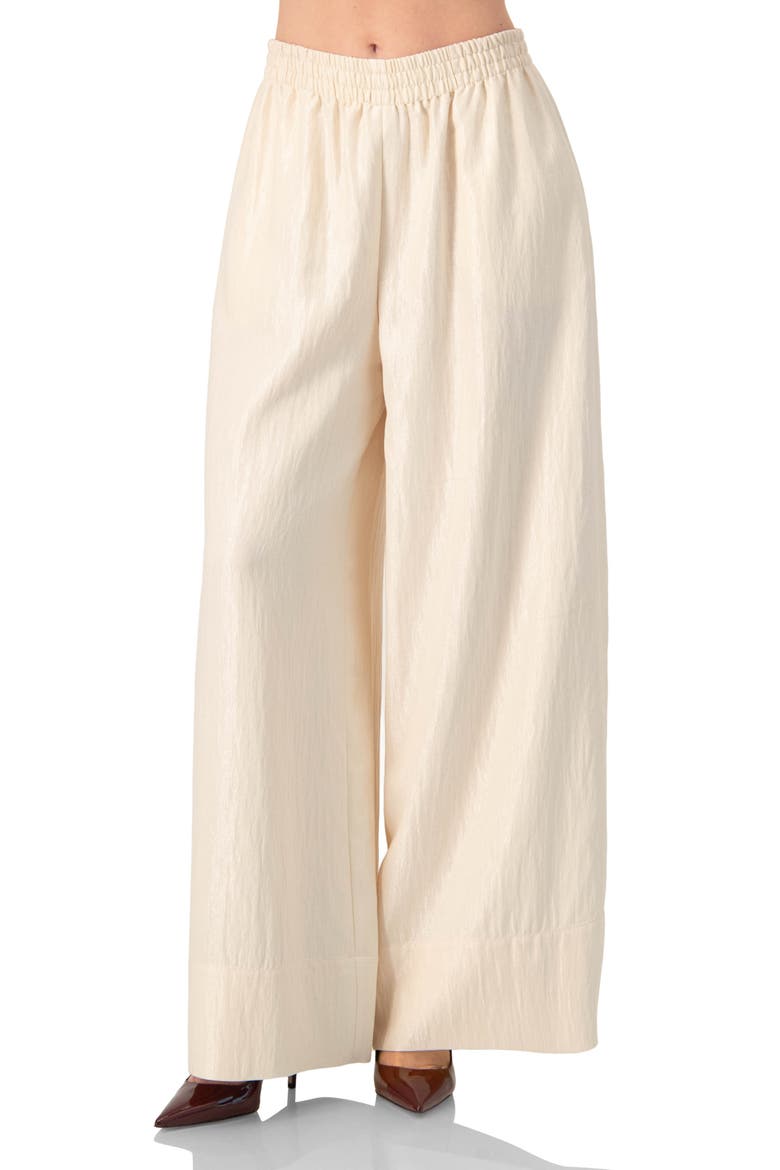 High-Waisted Wide-Leg Trousers with Elastic Waistband, Main, color, Natural