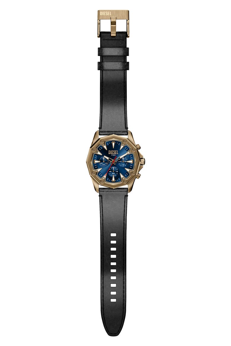 Stinger Chronograph Leather Strap Watch, 46mm, Alternate, color, BLACK/ ANTIQUE GOLD
