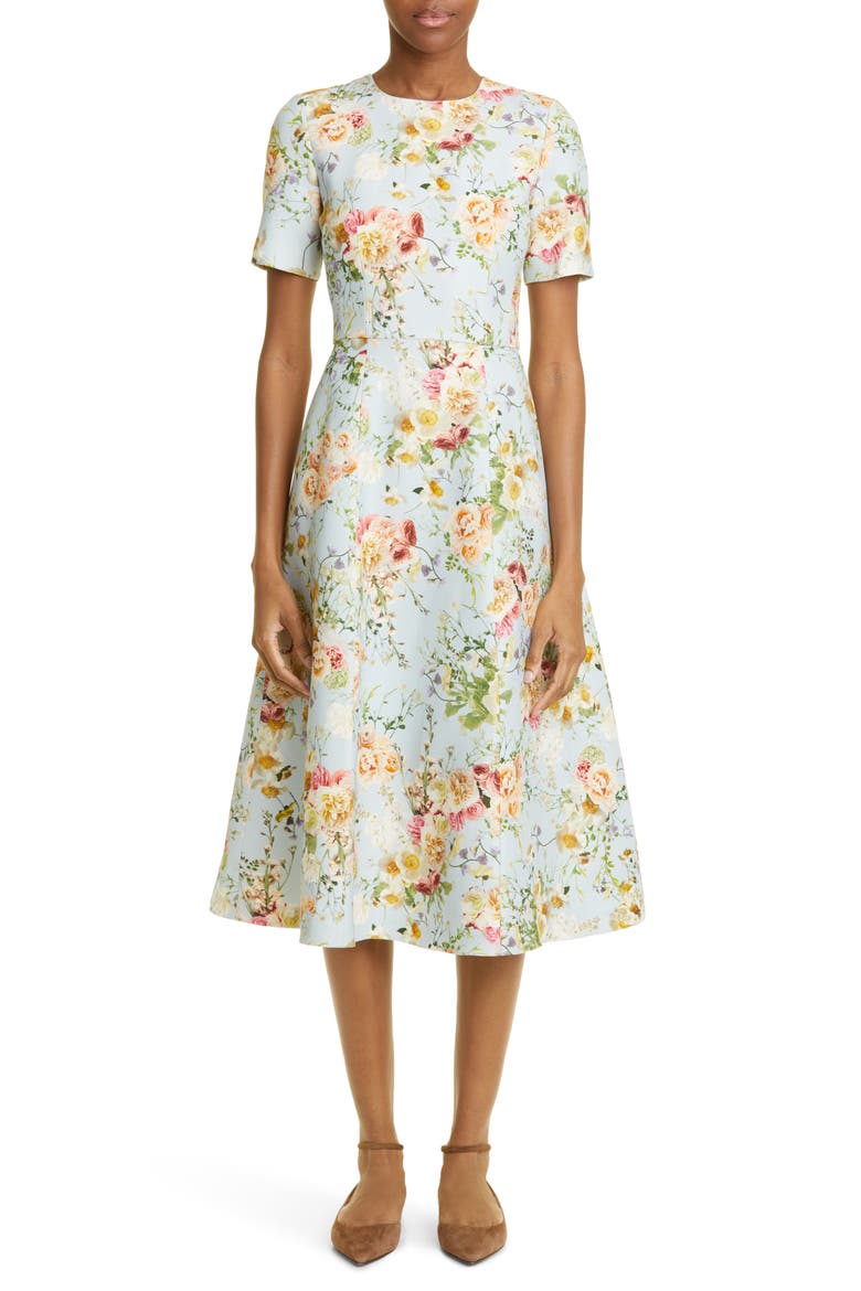 Eloise Floral Print Wool & Silk A-Line Dress, Main, color, PALE BLUE FLORAL