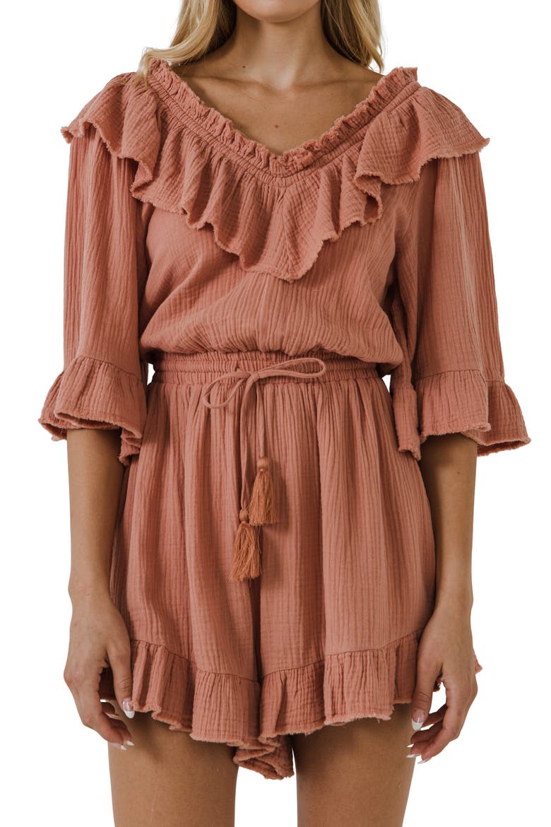 Ruffle Detail Cotton Romper, Alternate, color, RUST