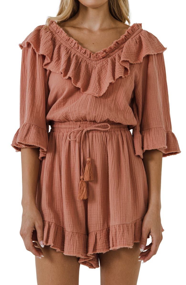 Free the Roses Ruffle Detail Cotton Romper, Alternate, color, Rust