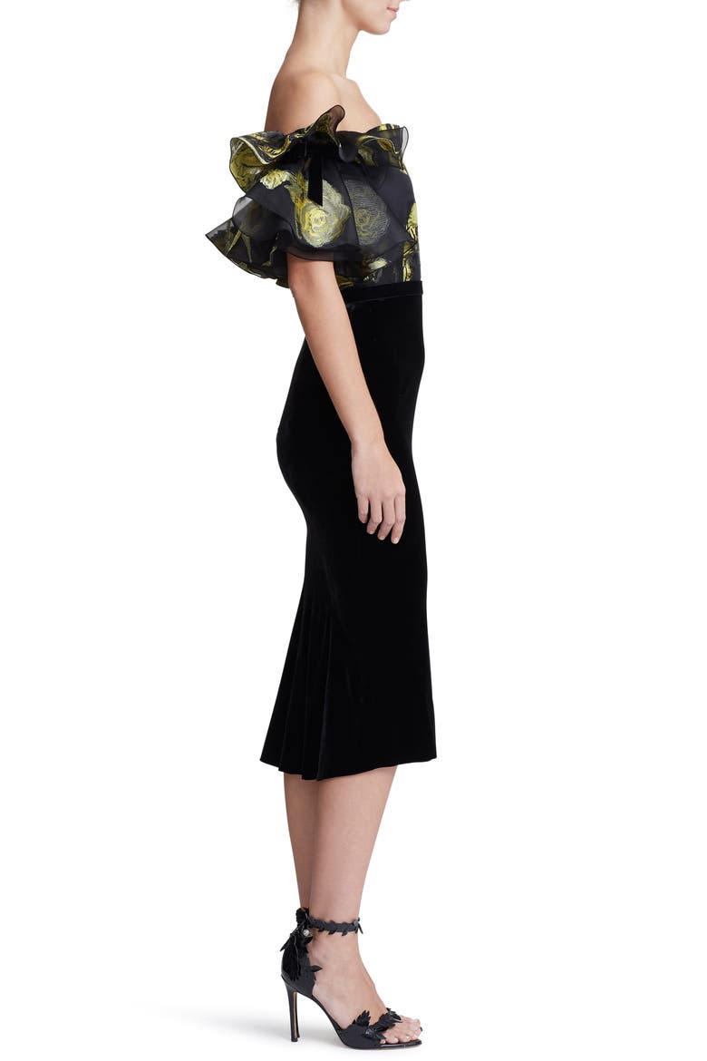 Ruffle Off the Shoulder Mixed Media Dress, Alternate, color, CITRINE
