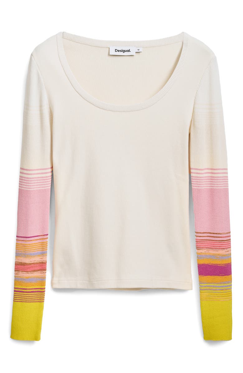 Desigual Stripe Detail Cotton Blend Rib Top, Alternate, color, White
