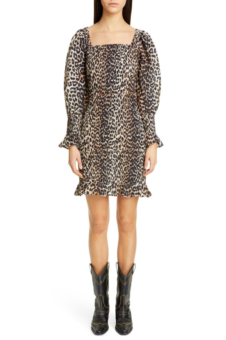 Leopard Print Long Sleeve Cotton & Silk Minidress, Main, color, LEOPARD