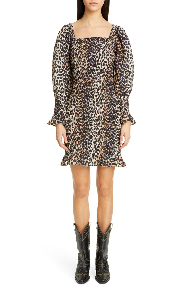 Ganni Leopard Print Long Sleeve Cotton & Silk Minidress, Main, color,