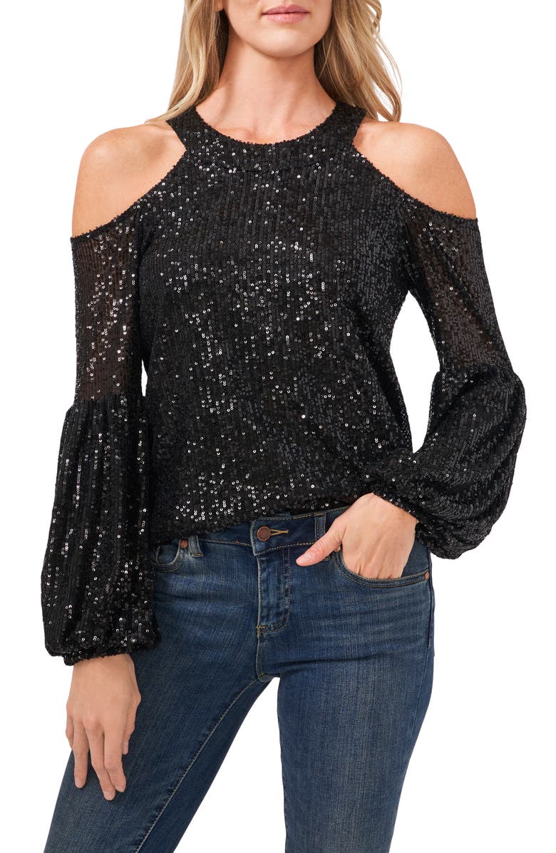 CeCe Sequin Cold Shoulder Top, Main, color, 