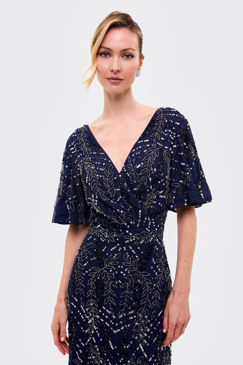 Embellished Sequins Flutter Sleeves Midi Dress, Alternate, color, Mid Night Blue
