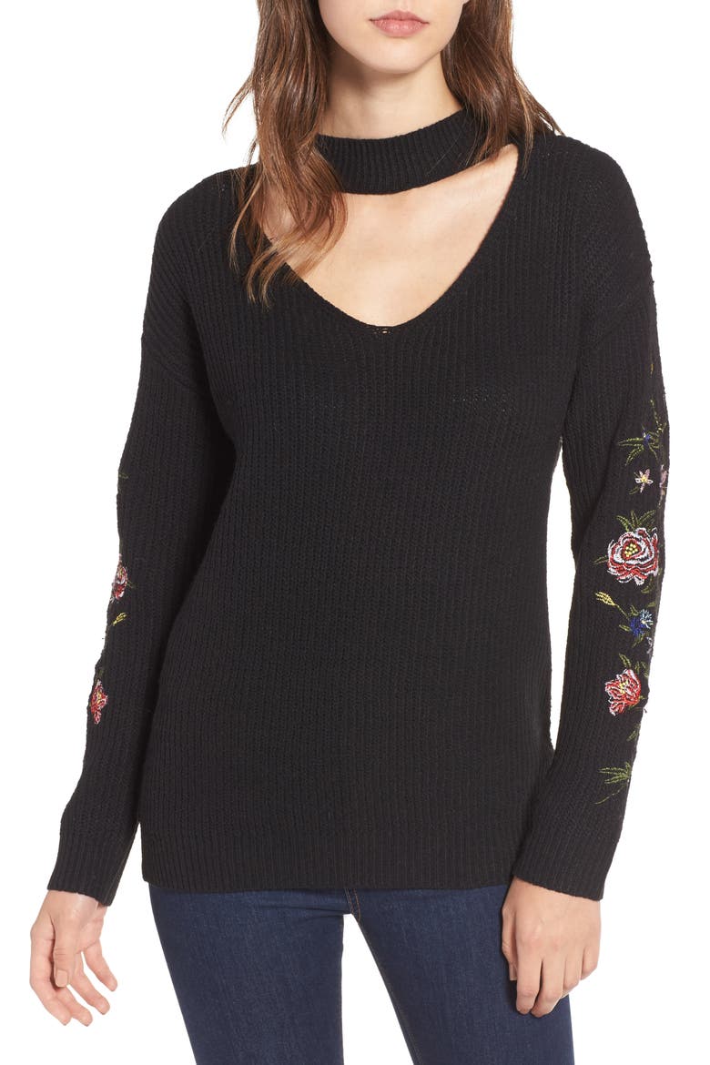 Embroidered Choker Sweater, Main, color, BLACK