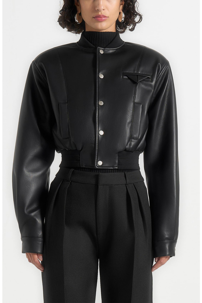 Zina Leather Wide Shoulder Bomber Jacket, Alternate, color, Black