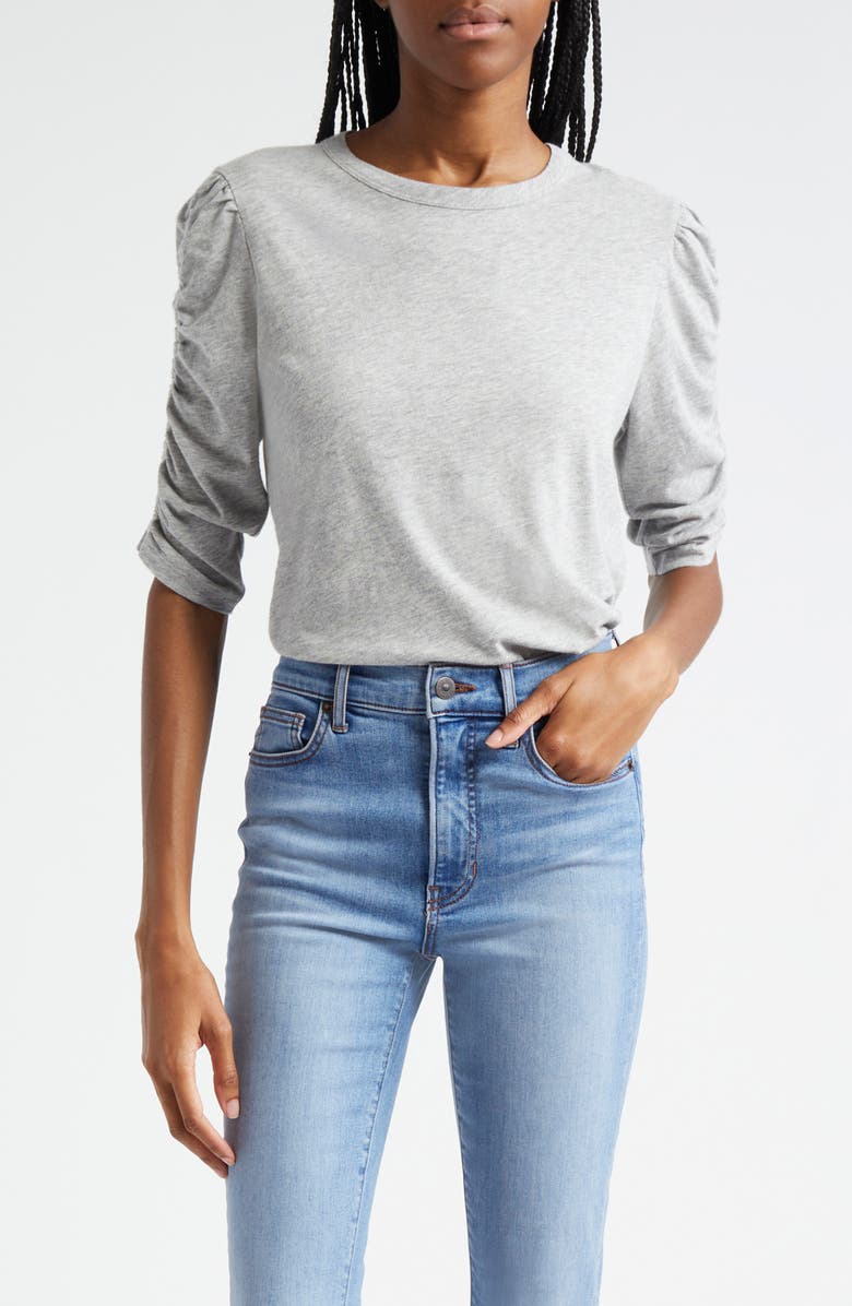 Veronica Beard Waldorf Ruched Sleeve Cotton T-Shirt, Main, color, Heather Grey