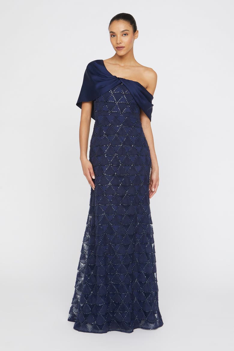 Anabella Textured Tulle Asymmetric Neck Satin Fit and Flare Gown, Alternate, color, Navy