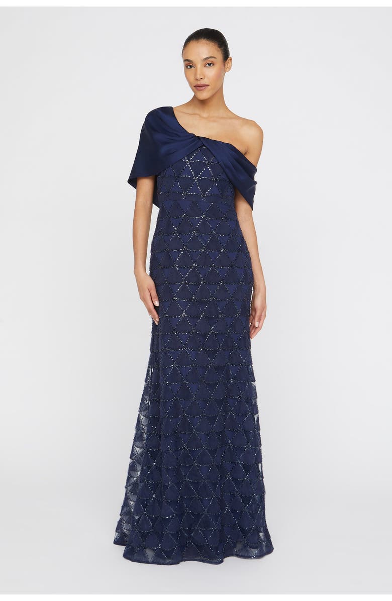 Theia Anabella Textured Tulle Asymmetric Neck Satin Fit and Flare Gown, Alternate, color, Navy
