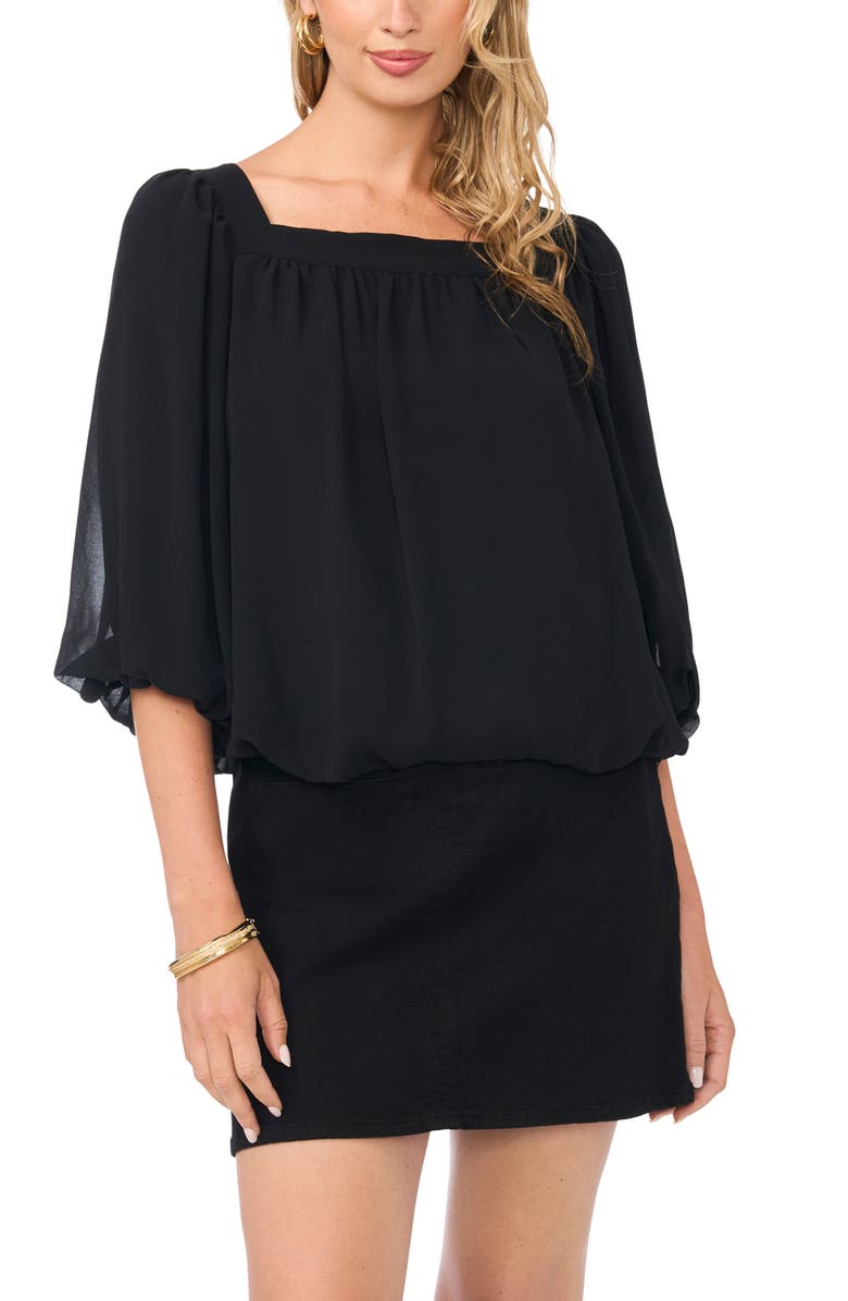 Vince Camuto Square Neck Bubble Sleeve Chiffon Top, Main, color, Rich Black