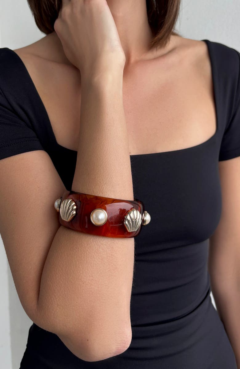 Adornia Faux Pearl & Shell Bangle Bracelet, Alternate, color, Brown