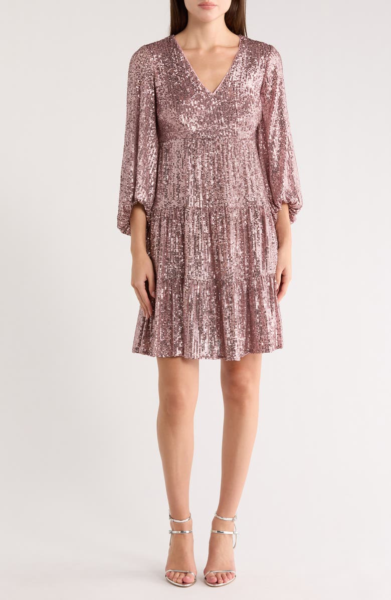 Eliza J Balloon Sleeve Sequin Skater Dress, Main, color, Mauve