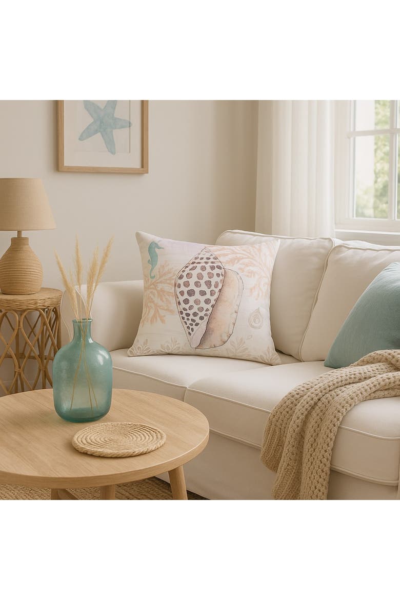 Brown Conch Shell w/ Seahorse & Coral Indoor/Outdoor Throw Pillow, 18" x 18", Alternate, color, Brown