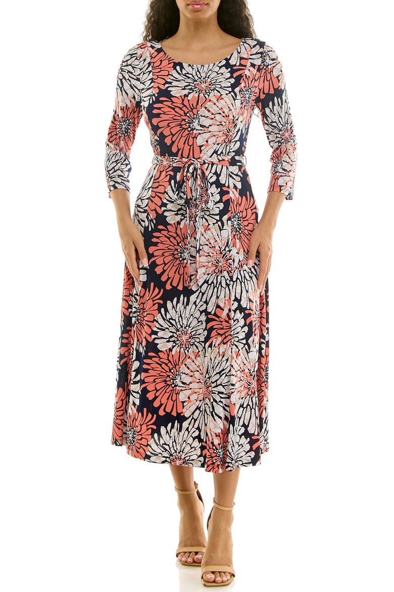 Sylvia Printed Tie Waist Midi Dress, Main, color, NAVY/CORAL MULTI