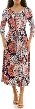 Nina Leonard Sylvia Printed Tie Waist Midi Dress
