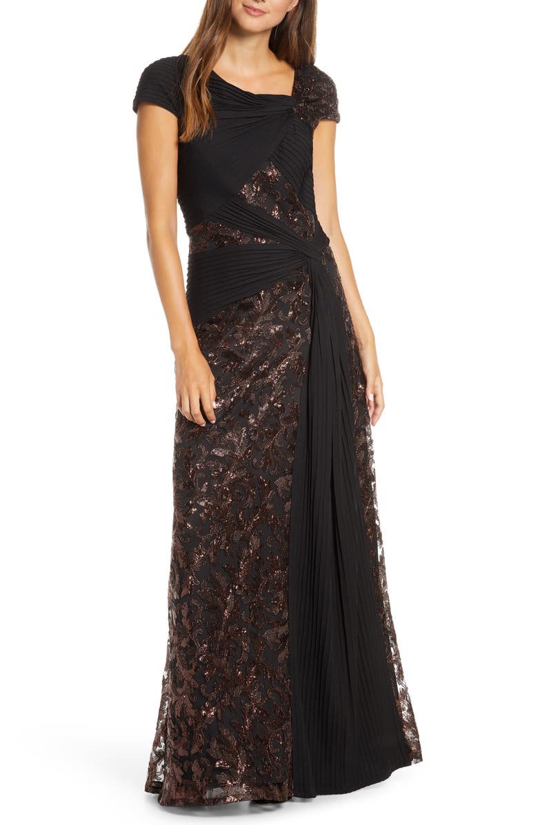 Tadashi Shoji Pintuck Wrapped Embroidered Lace Gown, Main, color, 