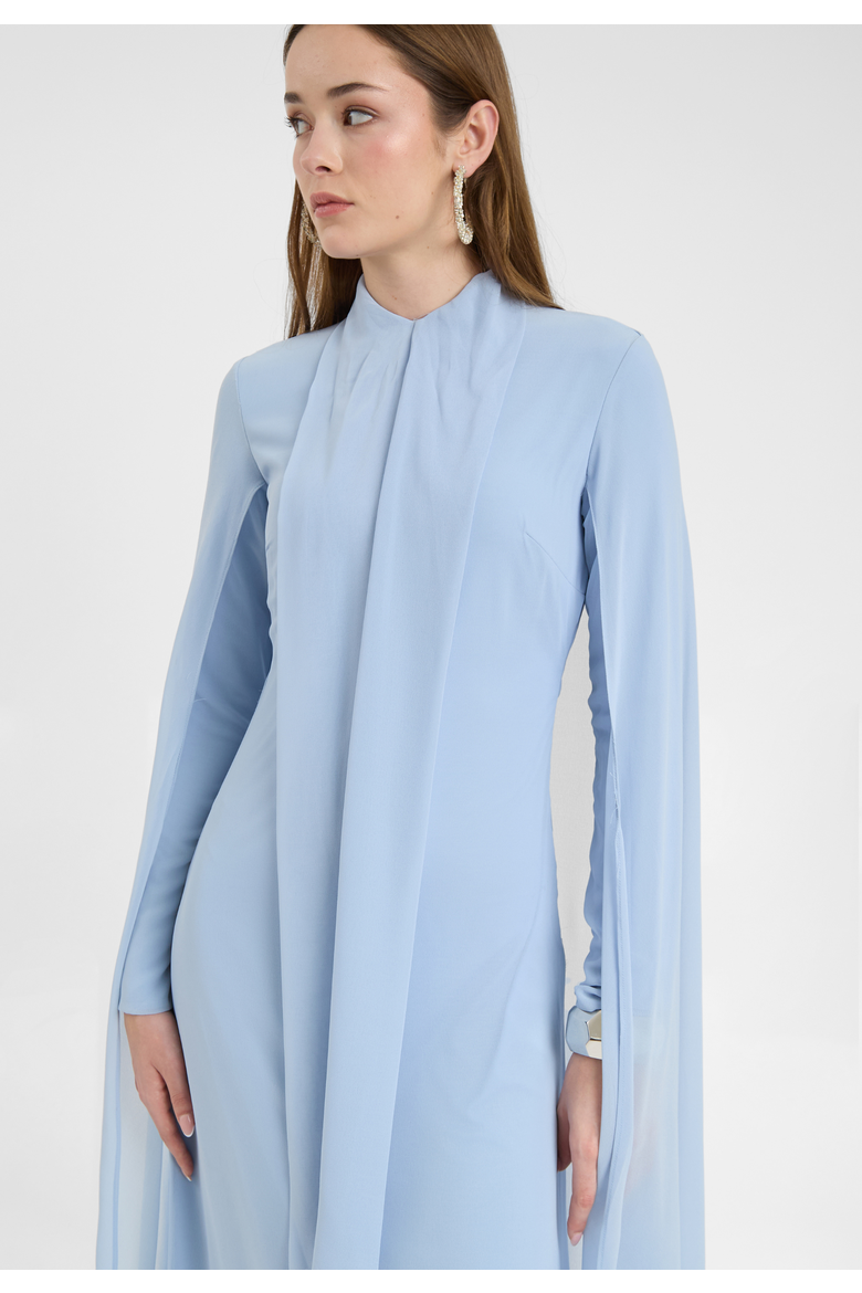 Modest Chiffon Dress Maxi With Cape Style, Alternate, color, BLUE