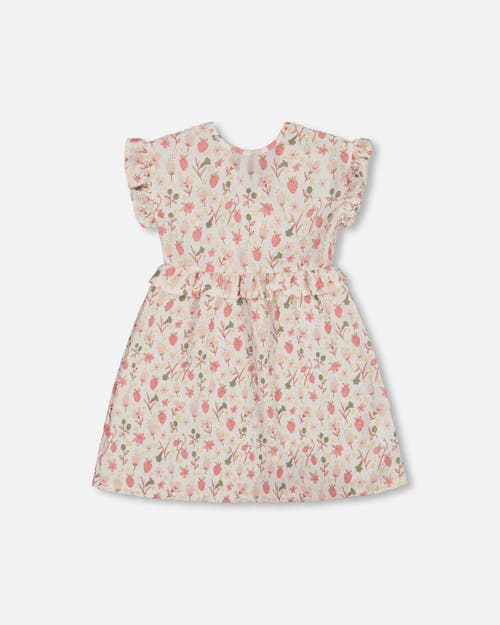 Deux Par Deux Girls' Printed Seersucker Dress With Frill Flowers On Background - Little Kid In Pink Flowers On Cream