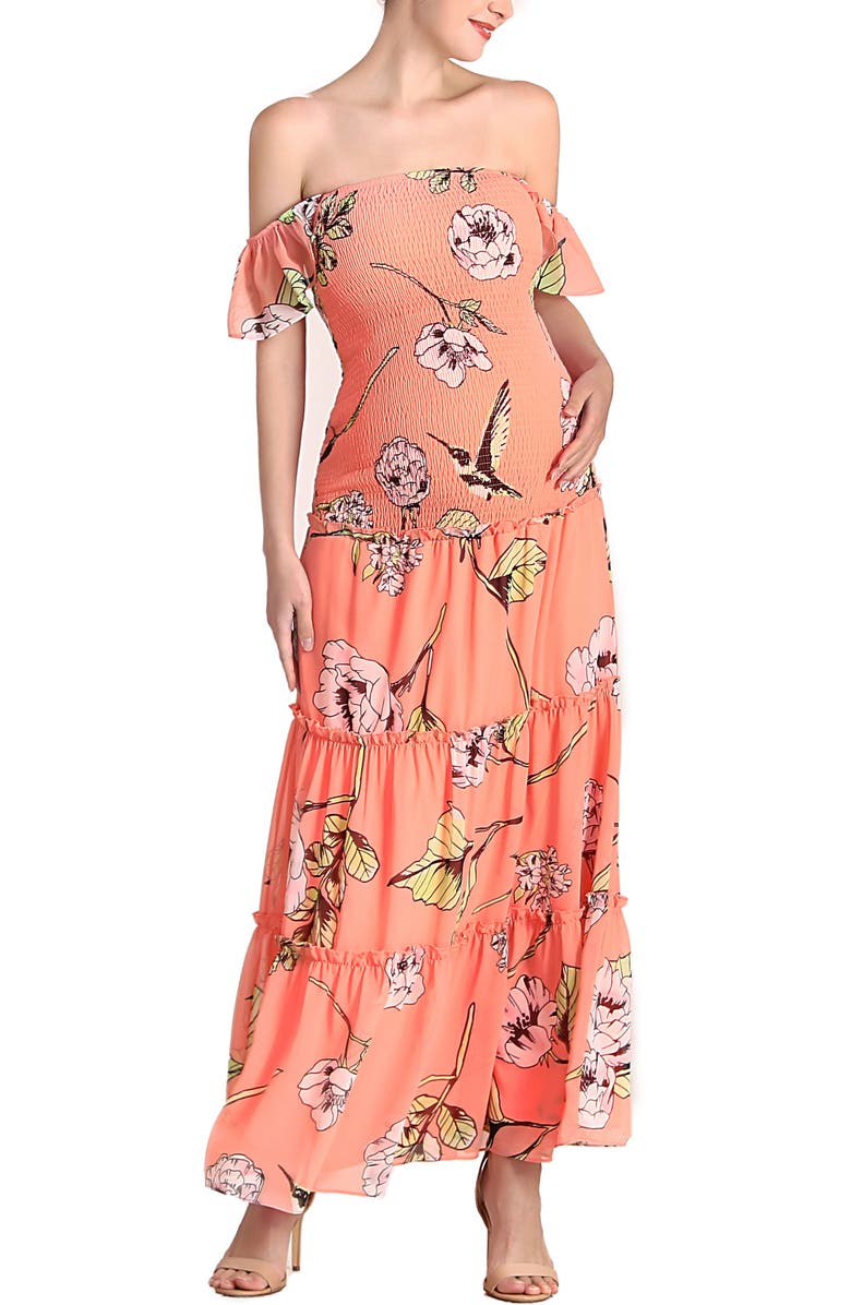 Kimi & Kai Addy Smocked Maternity Maxi Dress, Alternate, color, Coral