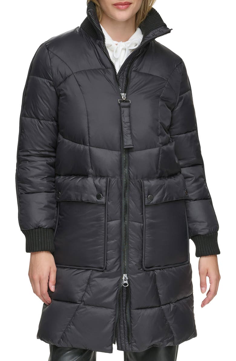 Andrew Marc Ribbed Collar Long Puffer Jacket, Main, color, Black