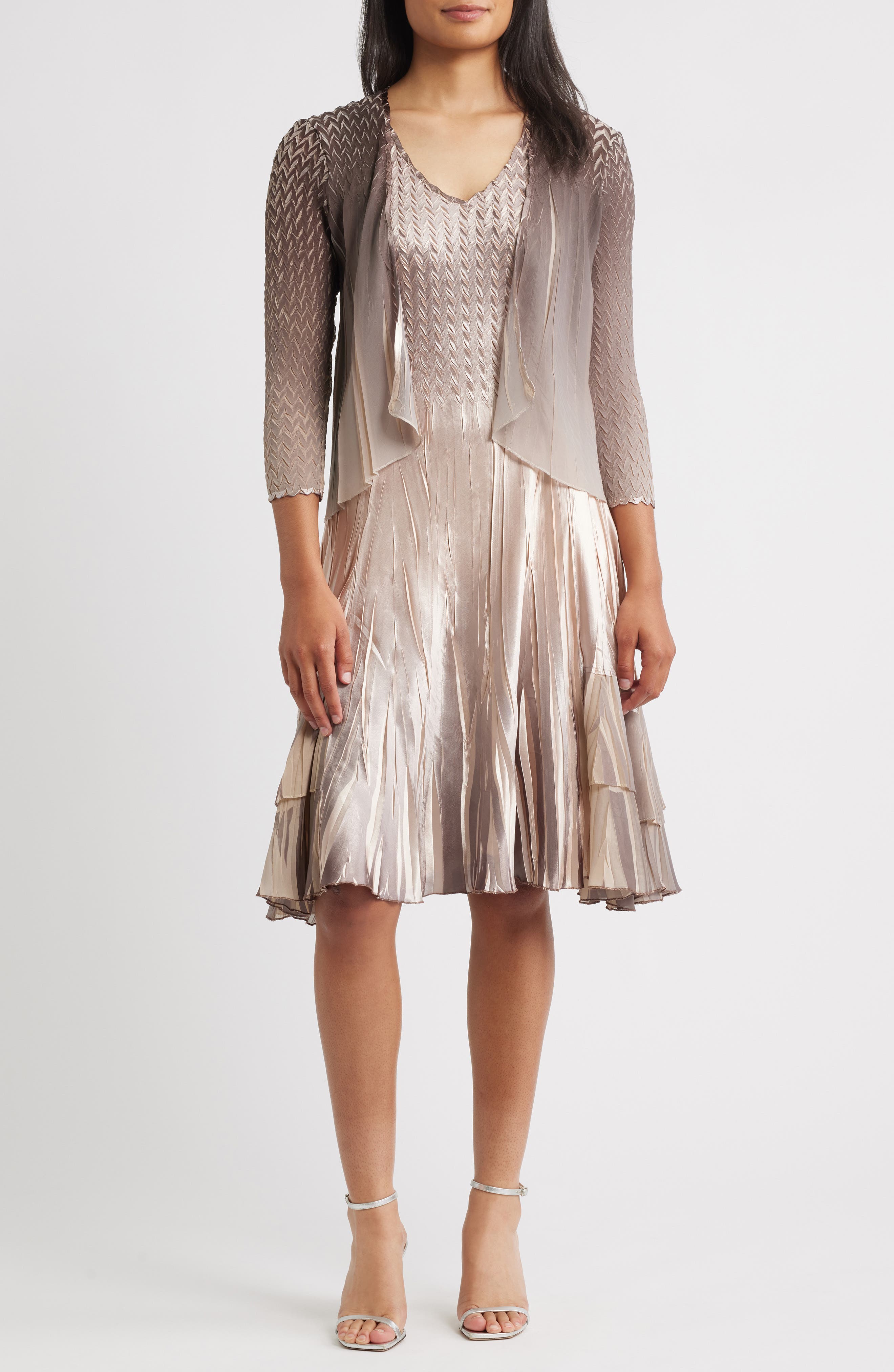 Komarov Sleeveless Charmeuse & Chiffon Cocktail Dress with Jacket in Oyster Smoke Ombre 